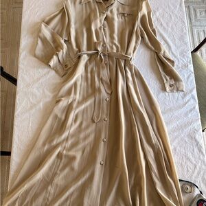 Orvis Taupe Long Sleeve Silk Button-Down Dress